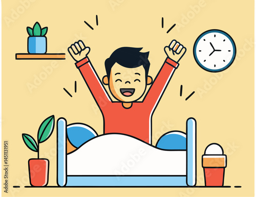 Animated Asian boy joyfully stretches in bed during a vibrant, early morning start