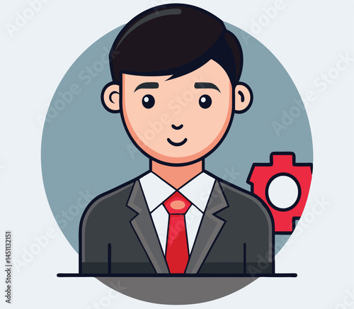 Friendly business professional wearing suit appears near a red gear against a blue backdrop