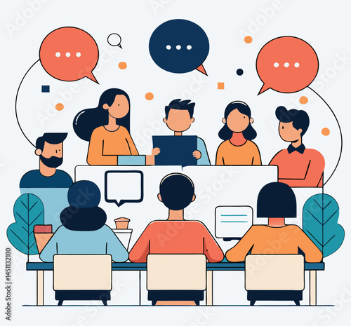 Group of diverse colleagues collaborate during a meeting, sharing ideas via speech bubbles above