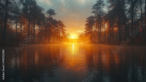 Golden Hour Serenity: Misty Lake Sunset