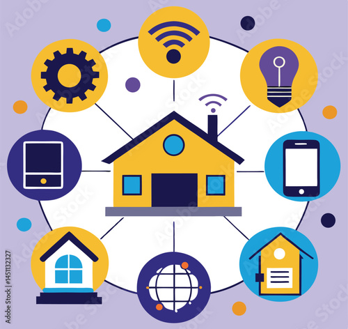 Yellow house surrounded by device icons connected through network lines illustrates modern home automation
