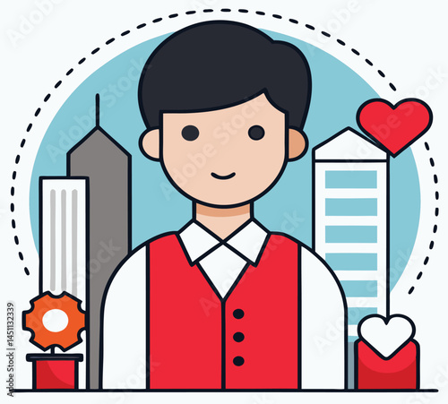 Cartoon man with red vest stands proudly before the city skyline and transparent background