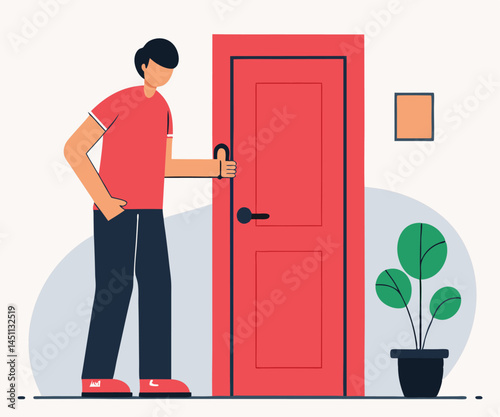 Young man in red shirt opens a bright red door to his apartment