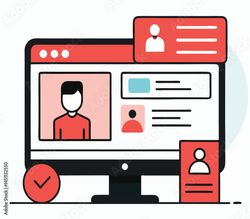 Computer display showcases a user profile, additional profile cards, and a red checkmark icon