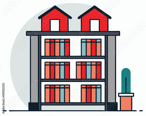Stylized bookshelf showcases red houses and colorful books near a potted cactus, creating simple home decor