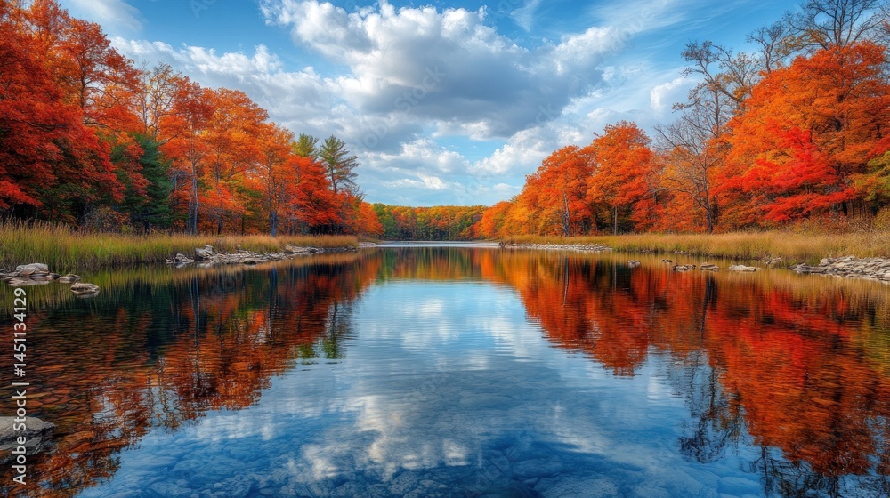 Obraz premium Autumnal Serenity: A Picturesque Lake Reflecting Vibrant Fall Foliage