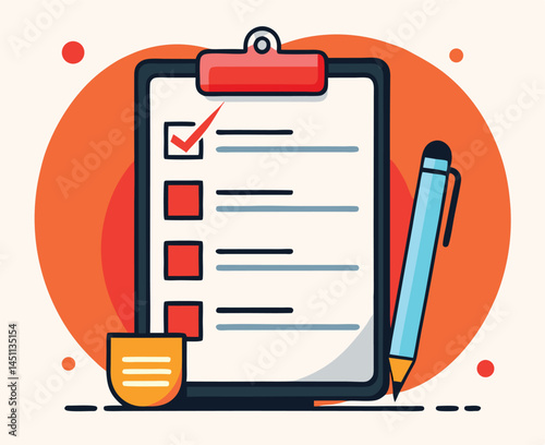 Red checkmark appears on a clipboard beside a blue pen with orange background