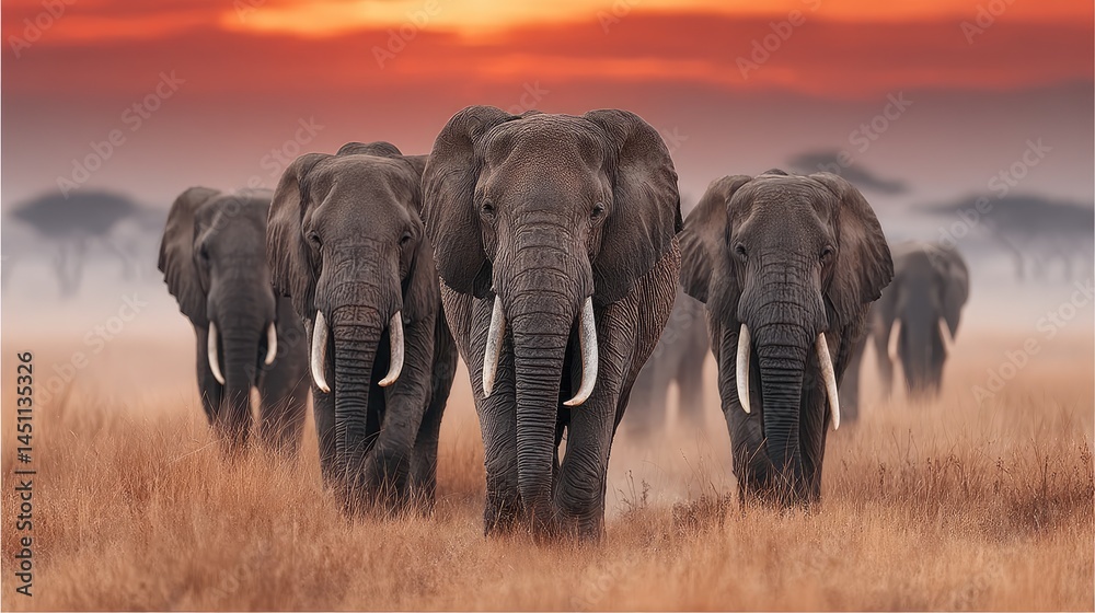 Fototapeta premium Elephants herd sunset savanna