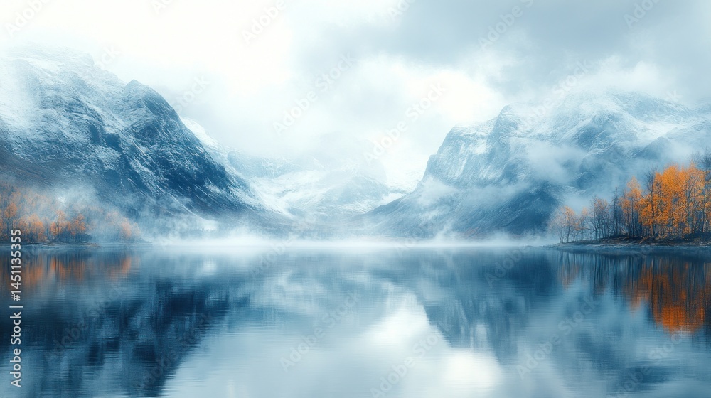 Fototapeta premium Misty Mountain Lake Reflection: A Serene Autumn Landscape