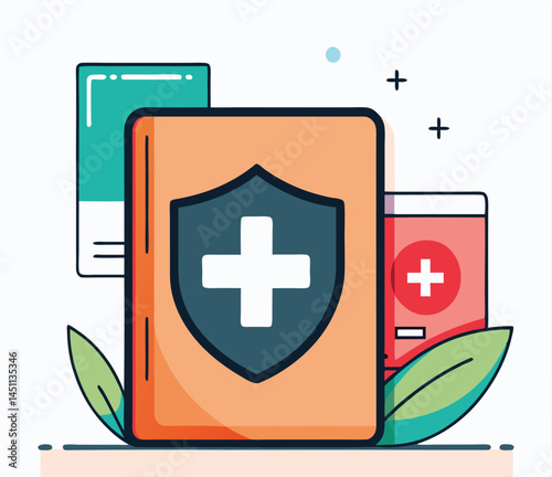 Healthcare concept features shield bearing plus sign near pill bottle and document, shown on white