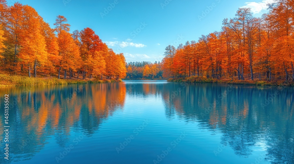 Obraz premium Autumnal Serenity: A Picturesque Lake Mirroring Vibrant Fall Foliage