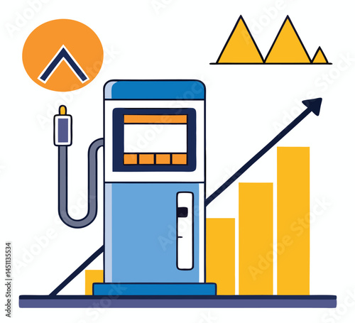 Isolated cartoon fuel dispenser sits beside rising bar graphs on a transparent backdrop
