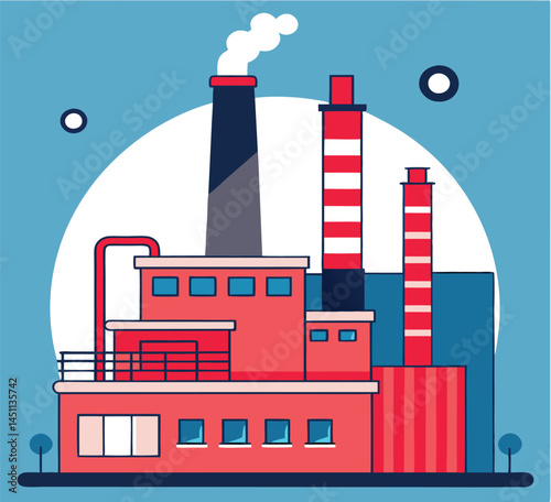 An industrial factory releasing white smoke stands majestically on a bright blue backdrop