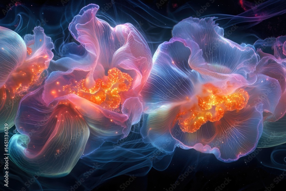 Fototapeta premium Ethereal jellyfish with glowing orange centers, translucent bodies, and flowing tentacles.