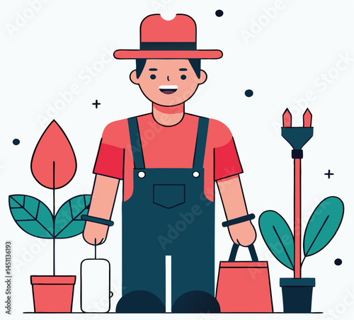 Smiling man with hat, overalls, and potted plants stands on a white backdrop