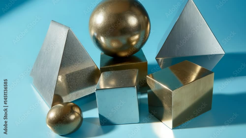 Still life composition of geometric shapes in gold and silver tones on light blue background, pyramid, cube, sphere, abstract forms