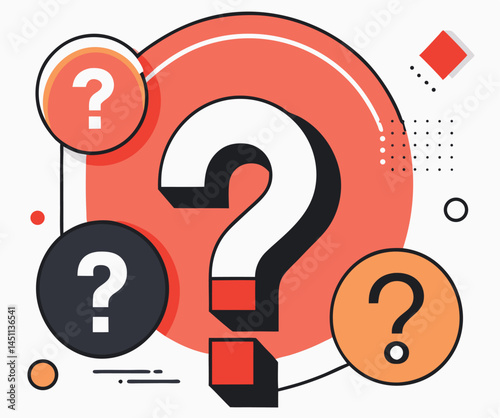 Large white question mark dominates with smaller colorful circular question marks surrounding it on white