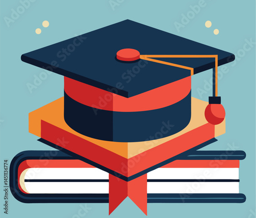 Dark academic cap rests upon stacked books with a red bookmark on blue background