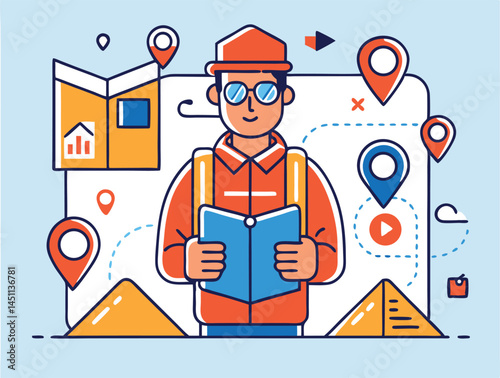 Enthusiastic explorer navigates with book among desert landmarks and map pins on light blue background