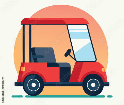 The stylish red golf cart features a small roof and two circular dark wheels