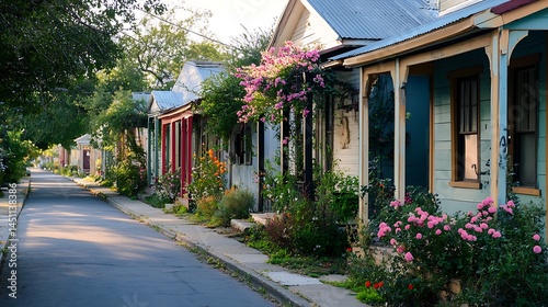 Colorful houses line a tranquil neighborhood street.