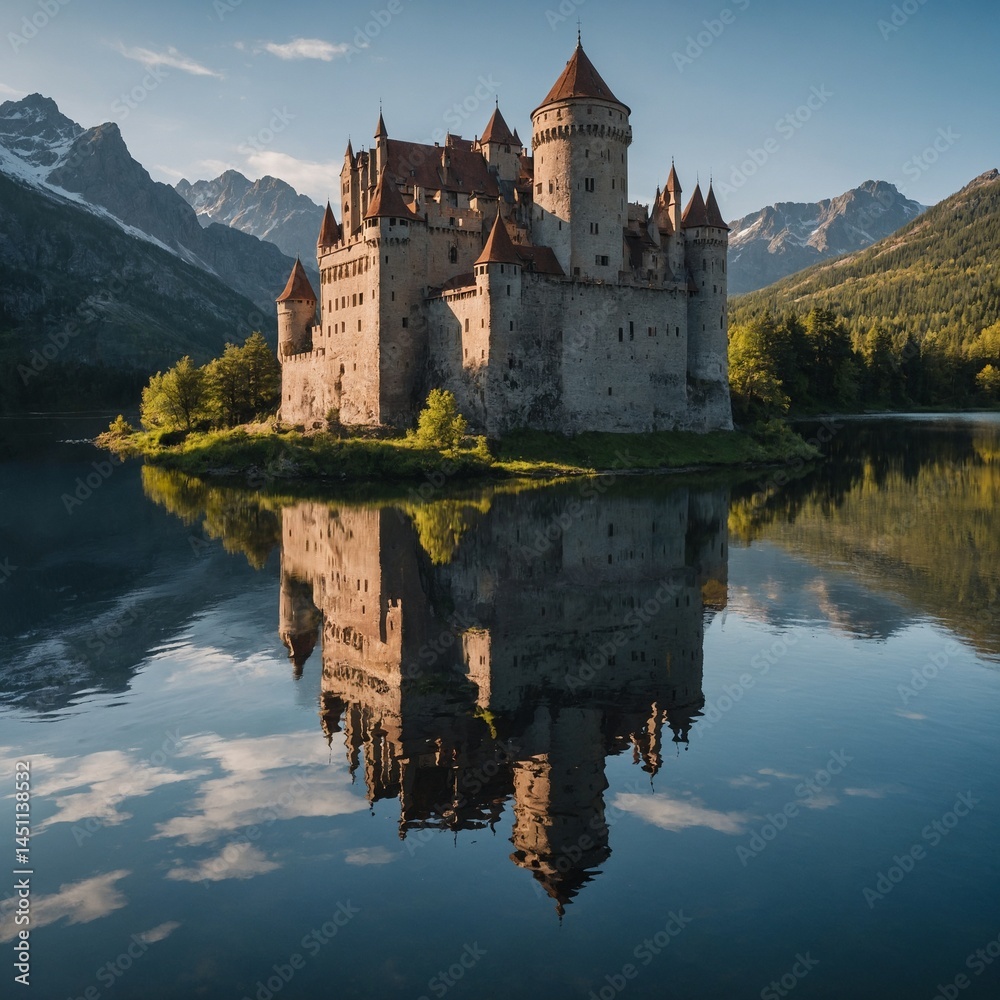 Naklejka premium A castle reflecting perfectly in a still lake.