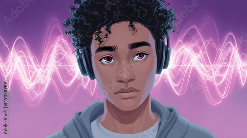 Young man listening to music with headphones against a purple background  
