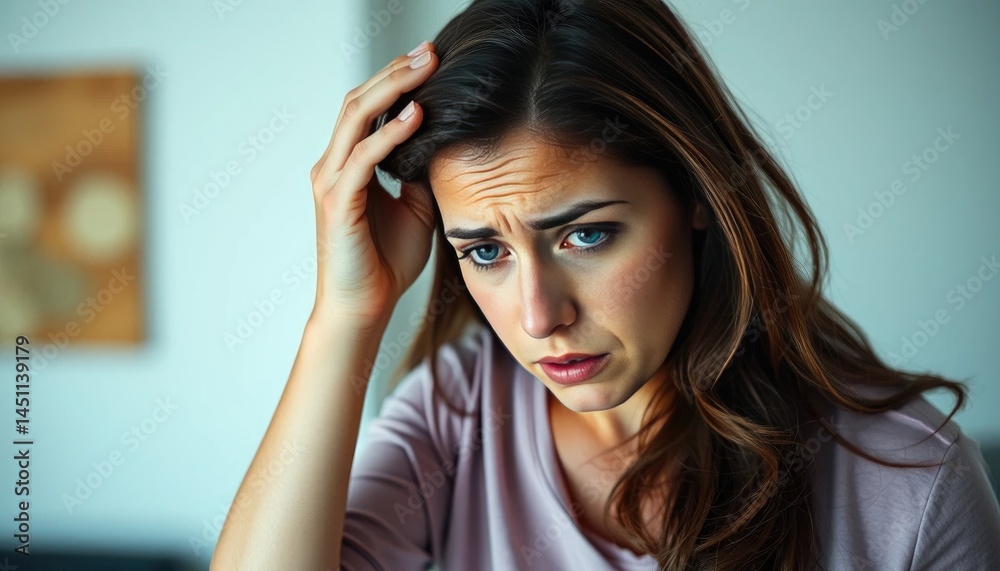 Worried young woman with a pensive expression, experiencing stress and anxiety, captured in a close-up portrait, showcasing a moment of emotional turbulence Worried young woman with a pensive expression, experiencing stress and anxiety, captured in a close-up portrait, showcasing a moment of emotional turbulence