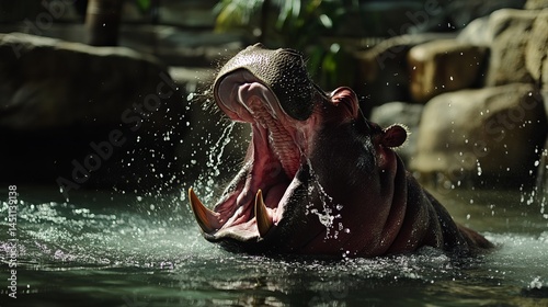 Hippopotamus Yawning in Water Splashing Wildlife Nature Photography Powerful Animal Close Up Huge Mammal Aquatic Scene Dark Moody Ambiance Big Teeth Zoo Art Lake River Beast Fauna  photo