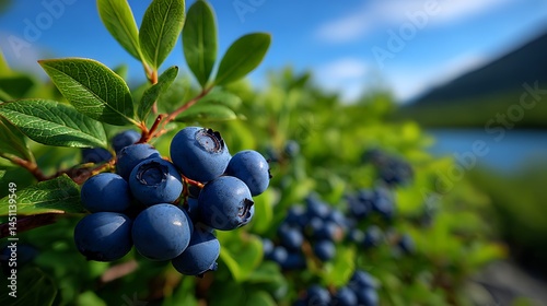 青空の下で熟したブルーベリーの実