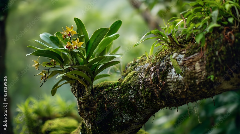 Obraz premium 苔の木に咲く野生のランの美しさ