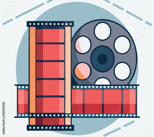 Retro film reel and celluloid strip present cinema industry elements against soft blue backdrop