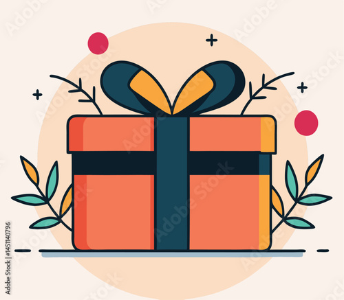 Orange gift box with navy ribbon is accented by leafy sprigs and simple elements