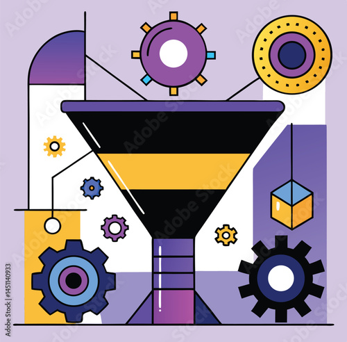 Abstract presents a vibrant funnel with gears, circles, and geometric shapes on a purple background