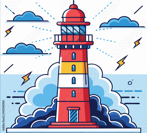 Cartoon red lighthouse stands surrounded by blue water waves, clouds and lightning bolts