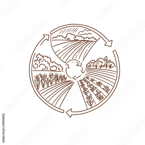 Crop Rotation Diagram sketch, Hand-drawn vector, Transparent background, Terracotta palette, Sustainable agriculture method, Graphic element for design