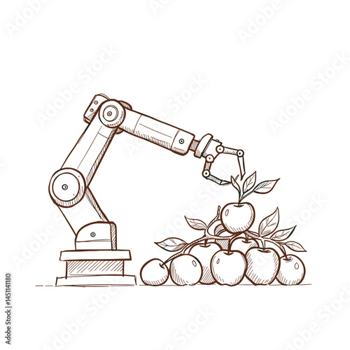 Automated Apple Harvesting Robot, Vector illustration in sketch style, Transparent background, Terracotta color palette, Sustainable farm technology, Graphic for agritech design