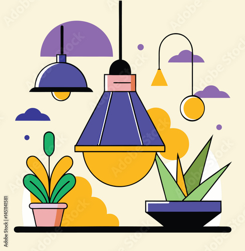 Various lamps and potted plants are seen in a colorful design setting