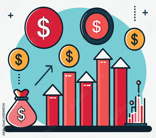 Dollar signs and upward charts suggest financial growth with red bars and blue sky