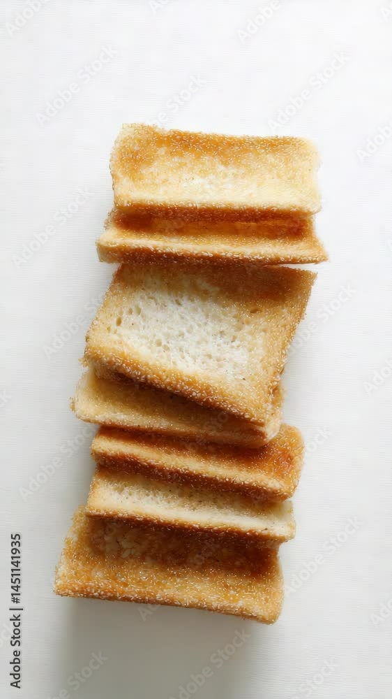 Vertical stack of toasted bread slices, showing golden crusts and white interiors, on a plain background, suggesting breakfast or snack. Vertical stack of toasted bread slices, showing golden crusts and white interiors, on a plain background, suggesting breakfast or snack.