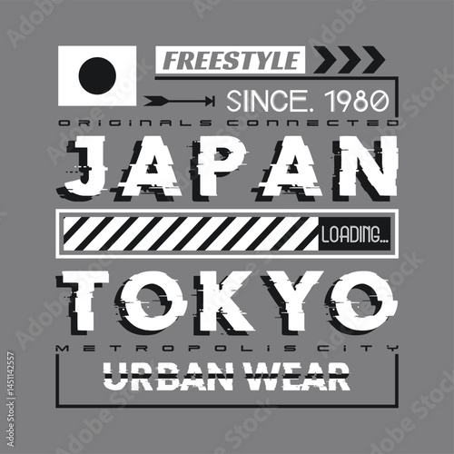 Urban vector typography design featuring Tokyo Japan city name with bold, modern slogans and motivational words, capturing the fast-paced energy, innovation, and cultural pride of the city.
