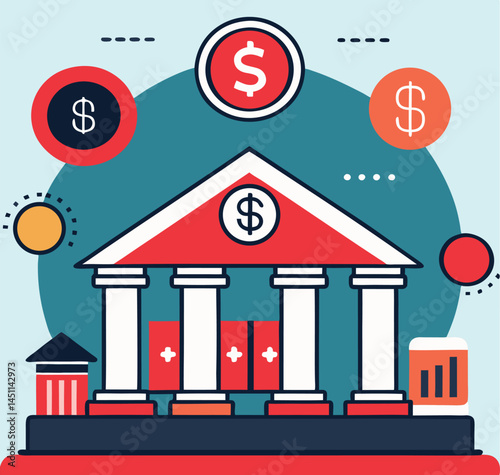 Cartoon bank edifice under dollar symbols suggests financial stability and economic prosperity is transparent