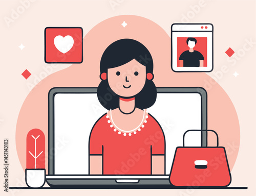 Young woman appears on laptop screen wearing a red shirt and necklace