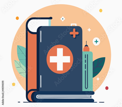 Two bound books feature first aid symbols, while a thermometer and leaves rest nearby
