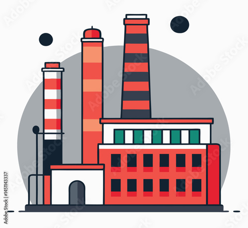 Tall striped industrial chimneys stand behind a red brick building with windows on a grey backdrop