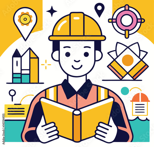 Asian engineer in a yellow hardhat holds and reads a textbook on a colorful background