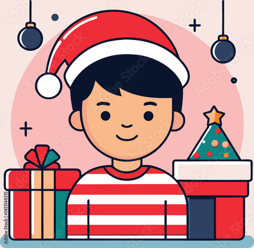 Boy wearing Santa hat stands happily between presents and hanging ornaments on Christmas day