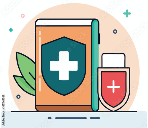 Book with shield icon and leaves represents security and safety with white background
