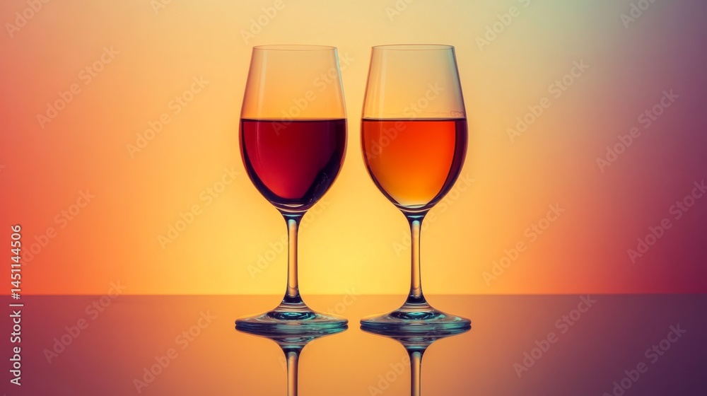 Two wine glasses with different wines, perfect symmetry, modern and clean photography generative ai Two wine glasses with different wines, perfect symmetry, modern and clean photography generative ai