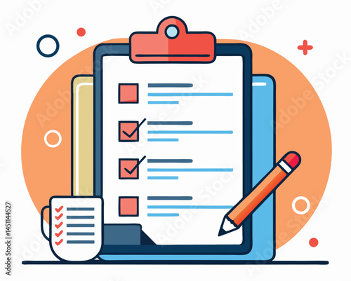 clipboard displays document list with checked boxes and a pencil sits at the bottom